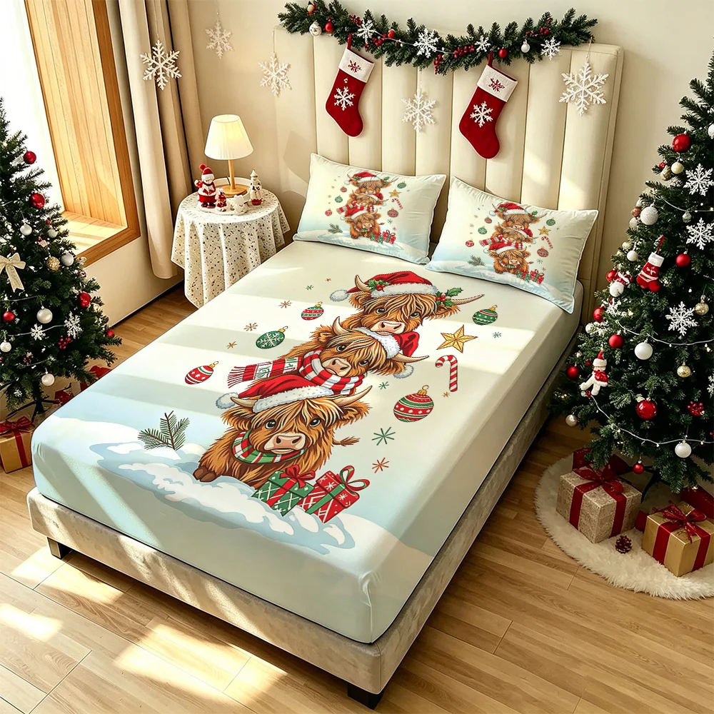 3PCS Christmas Highland Cow Decorative Bedding Set, including a bedding cover without a core, one bedding cover, and two pill