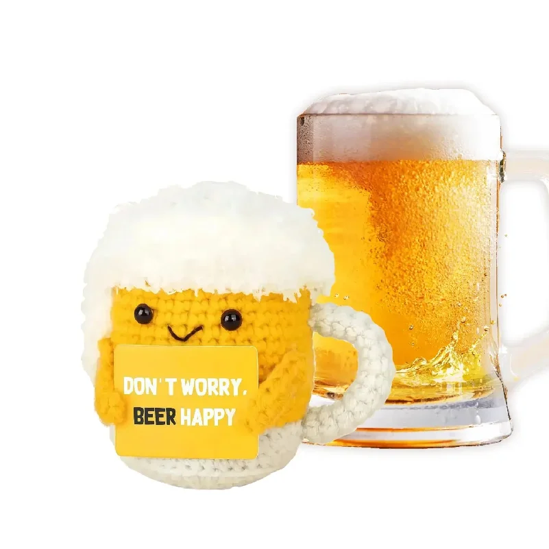Funny Crochet Emotional Support Beer Cup Doll With Card Desktop Ornament Handmade Knitted Beer Dolls Christmas Gifts Home Decor