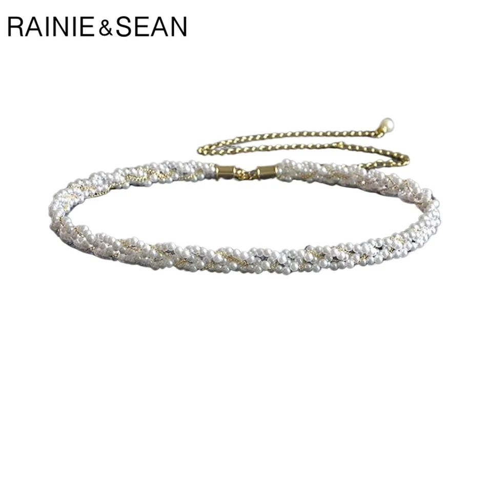 

RAINIE SEAN Three Rows of Pearls Belt for Women Wedding Ladies White Waist Metal Chain Belt Thin Fashion Pearl Beads Strap