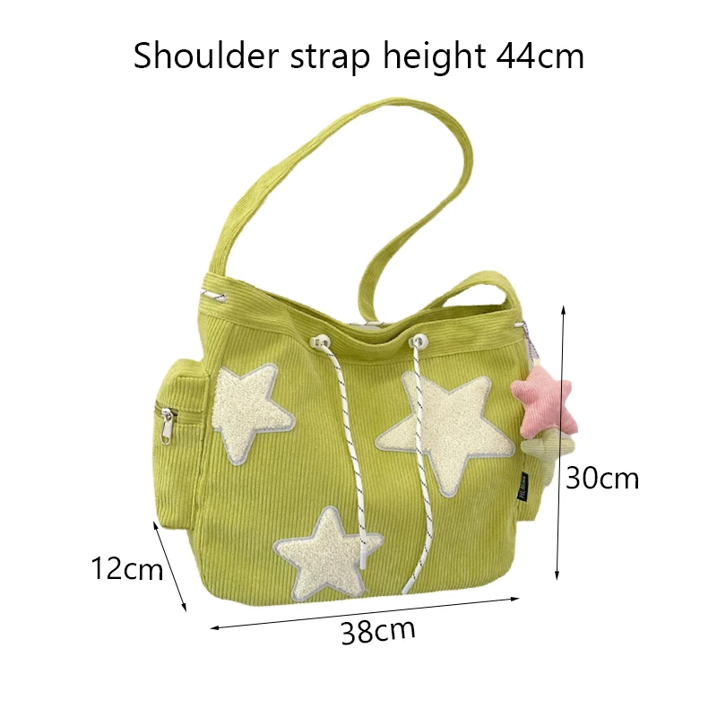 Large-Capacity Corduroy Commuter Student Cute Shoulder Crossbody Bag Five-Pointed Star Corduroy Tote Messenger Bag with Pendant