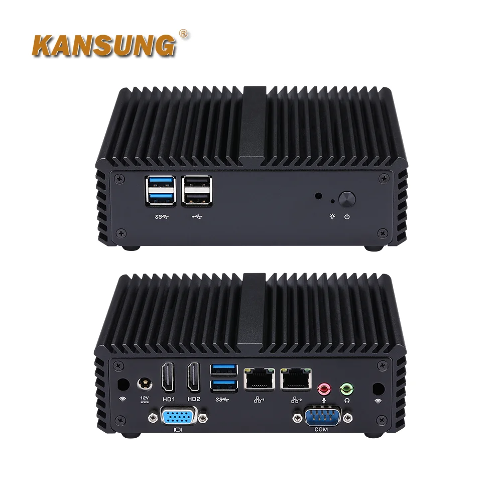 Low Power Intel Pentium J3710 Quad Core Processor 2 LAN 2 HD 1 VGA Support Triple Display RS232 COM Fanless 12V X86 Mini PC