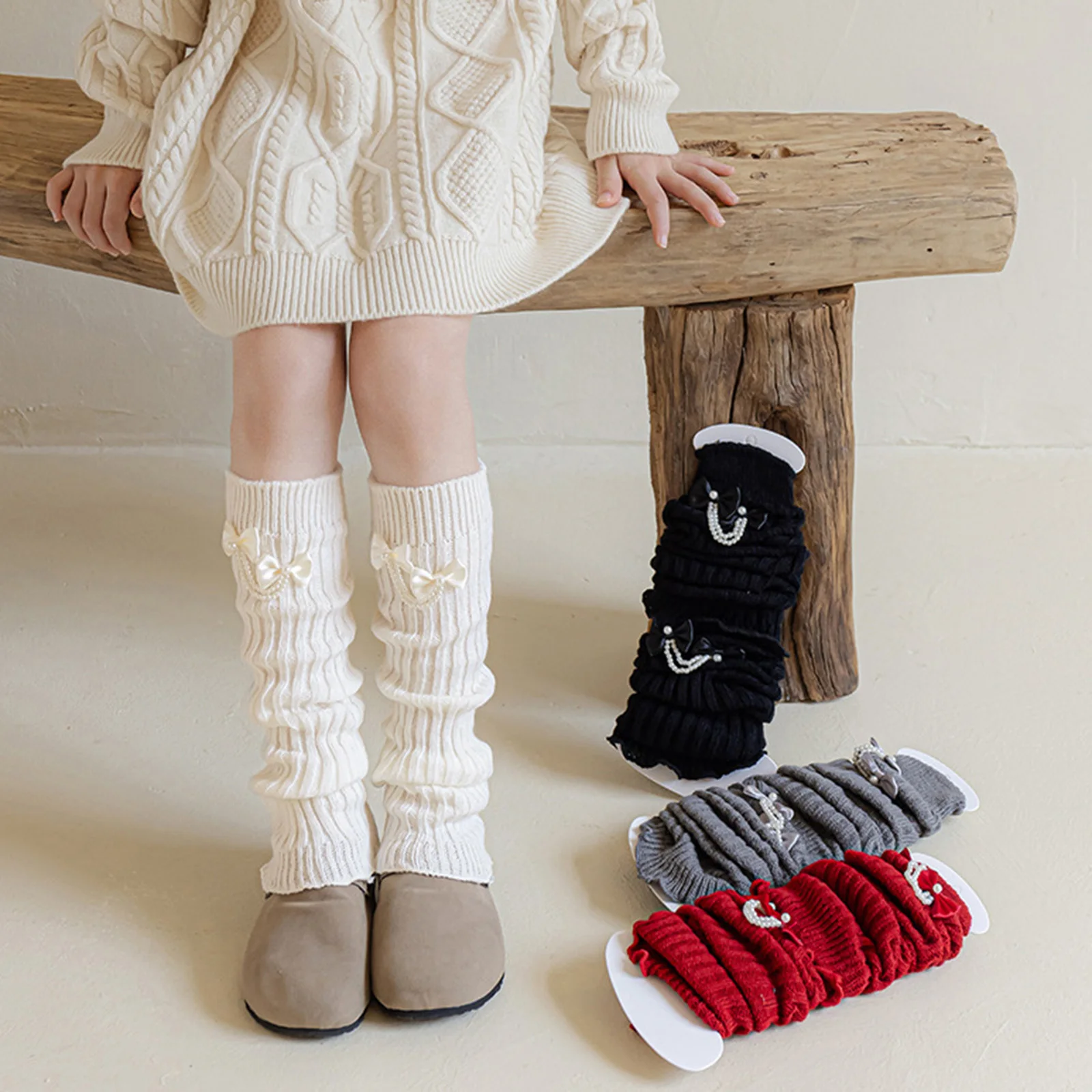 

Suefunskry Kids Girls Knit Leg Warmer, Elegant Bow Pearls Calf Cover Boot Socks Streetwear for Daily Party