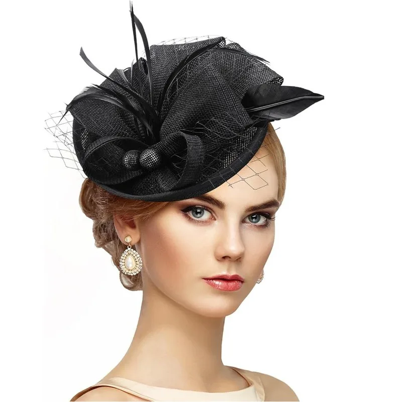 Linen-like French Vintage Style Vintage Small Top Hat with Feathers, Perfect for Horse Races, Parties, Dinners, and Birthdays