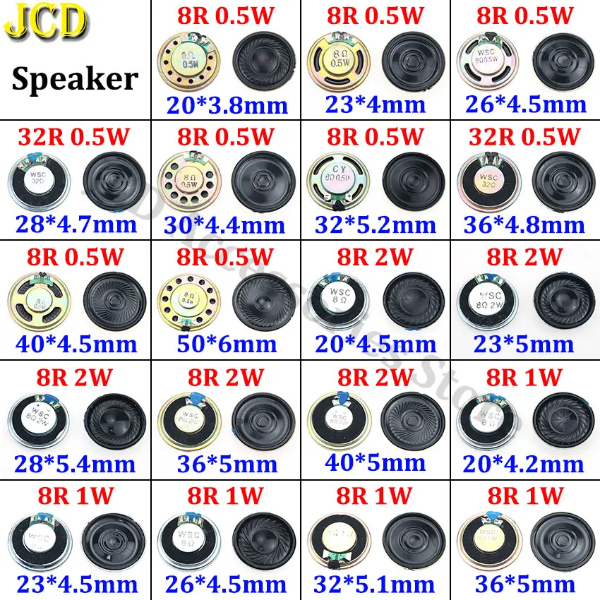 JCD 1 Piece 8 32 ohm 0.5W 1W 2W Horn Speaker 32R 8R 0.5/1/2W Diameter 20mm 23mm 26mm 28mm 30mm 32mm 36mm 40mm 50mm Loudspeaker 