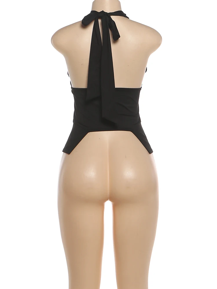 Sisterlinda Trend Damen Cross-Bandage Tanktop mit Dekoration, Neckholder, tiefem Ausschnitt, rückenfrei, unregelmäßige Form, sexy Sommer-Mode-Westen – Detail 5