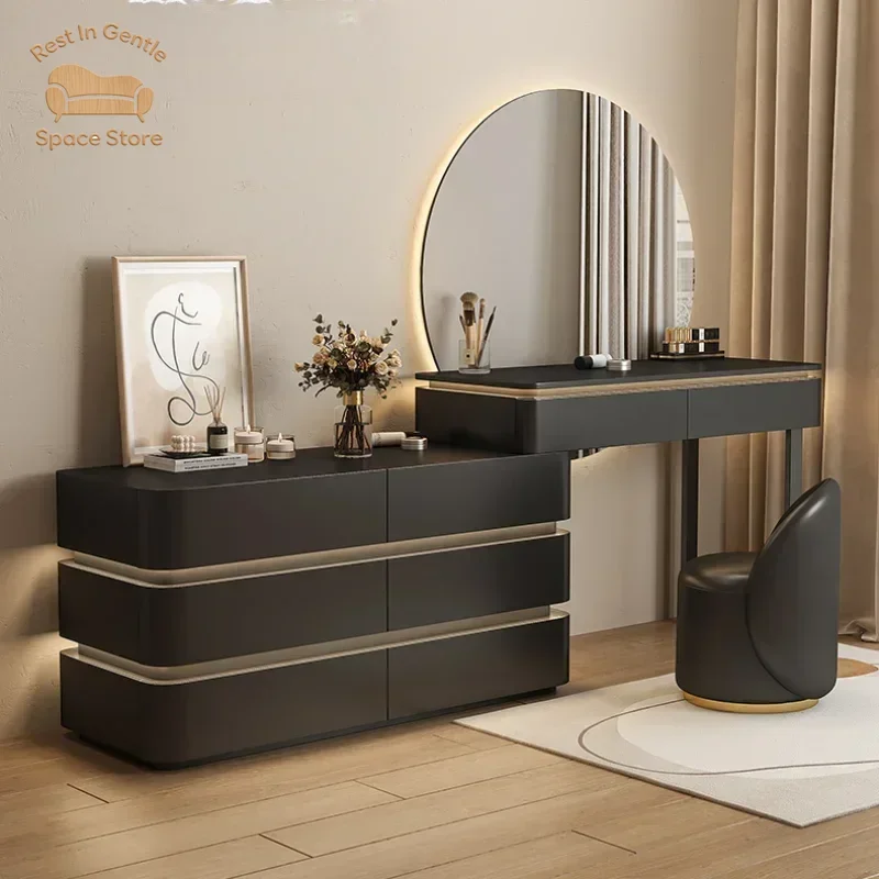 Luxury Wooden Vanity Table Bedroom Modern Make Up Organizer Table Dressers Light Mirror Drawers Tocador De Maquillaje Furniture