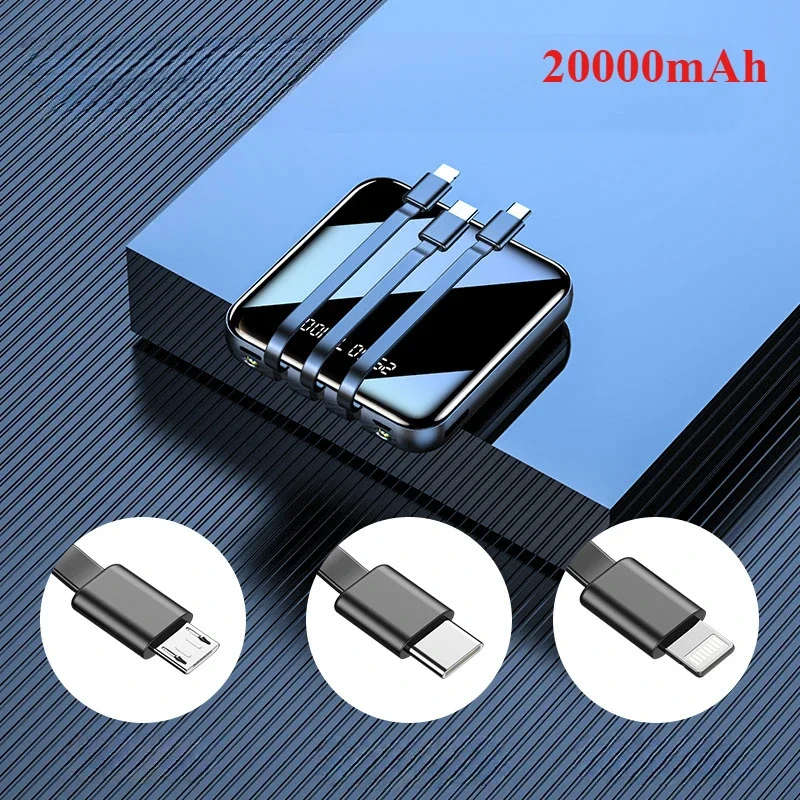 

New Mini 20000 MAh Mirror Mobile Power Bank with Built-in Cable Portable Charger External Battery for iPhone Xiaomi Samsung