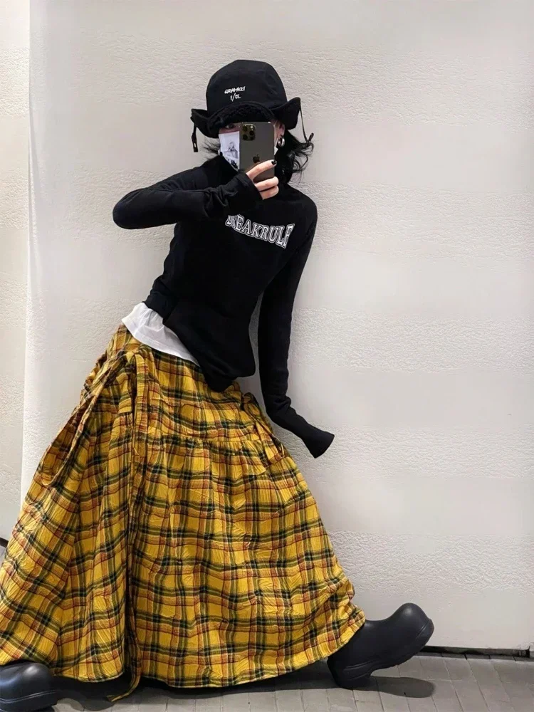 Deeptown Vintage Plaid Skirt Women Y2k Japanese Style Long Skirt Harajuku Streetwear Fashion Retro A-line Midi Skirts Aesthetics