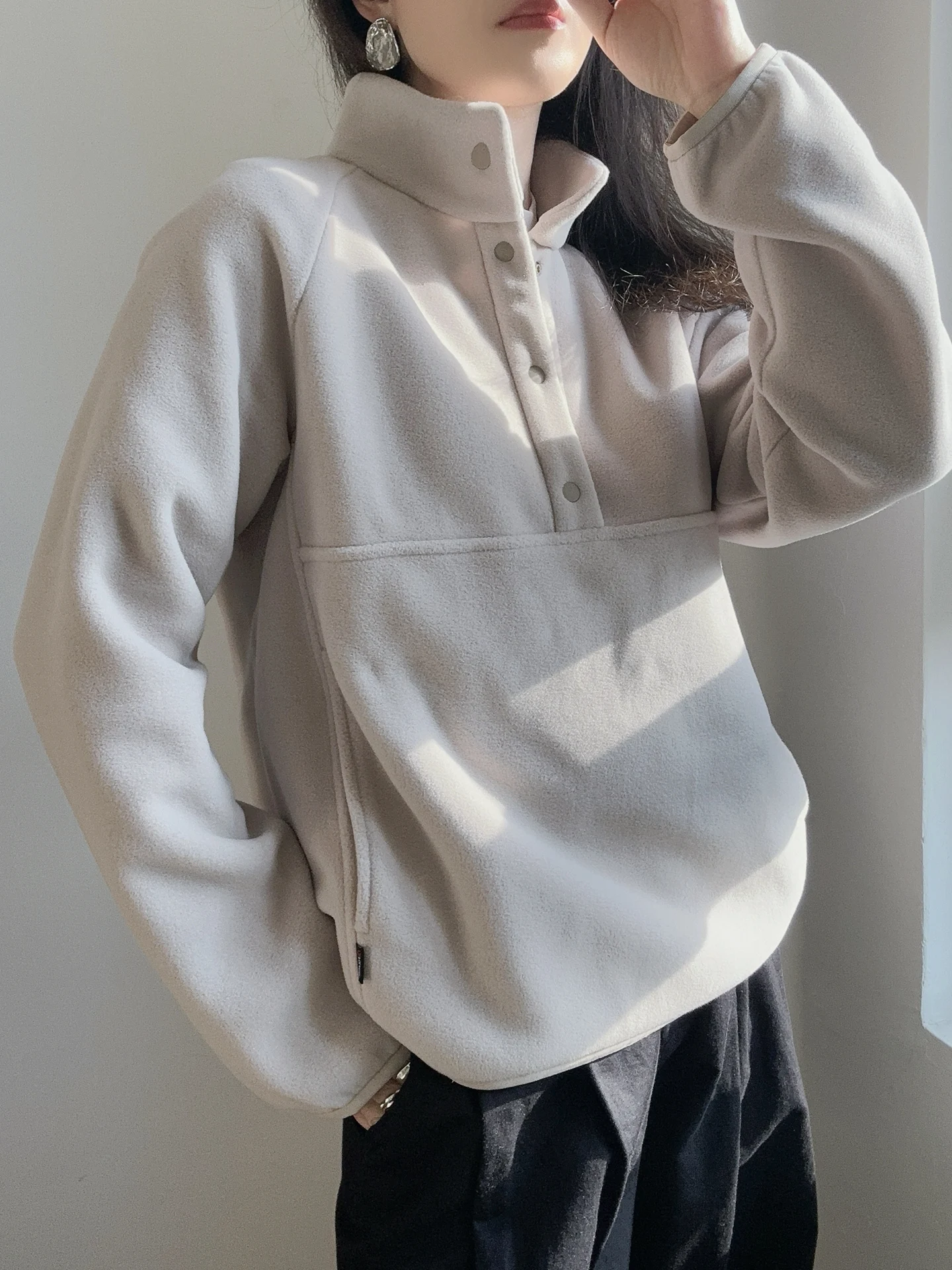 

PolarTec Fce King High End Loose Fit Hoodl Women's Long Sve Thermal Stand Collar Sweatirt f Open Jaet