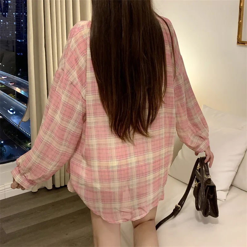 Rosa Kariertes Hemd Frauen Sheer Chiffon Langarm Kragen Button Up Bluse Top Weibliche Sommer Lose Dünne Karo Shirts