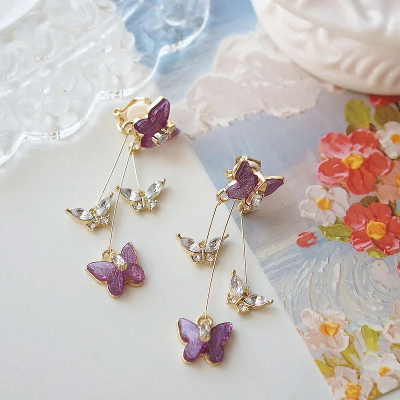 Clip on Earrings Purple Butterfly Flower Long Tassel Fairy Crystal Pearl Non Pierced Ear Clips for Women Bridal Wedding Party - view 3