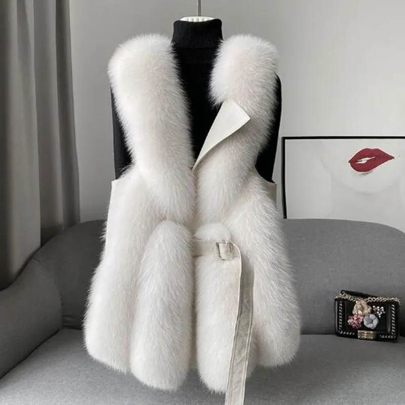 Autumn Winter New Women Faux Fox Fur Fur Coat Mid Length Version Waistcoat Fashion Vest Casual Keep Warm Patchwork Waistcoat