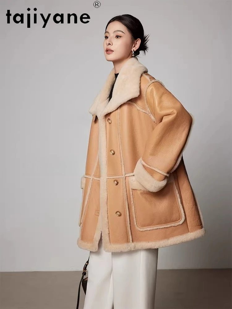 TAJIYANE جلد الغنم ميرينو الطبيعي مع الصوف المرفقة سترة المرأة قسط منتصف طول معطف الفرو 2025 ملابس الشتاء امرأة fourrure