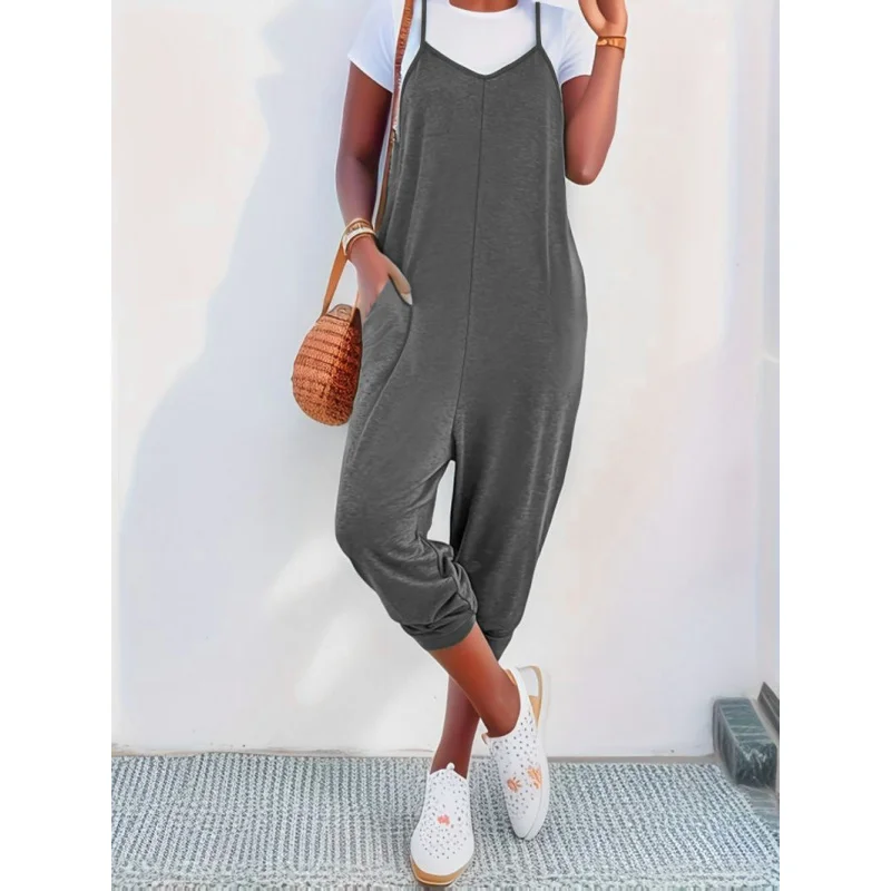 

Women'S Casual Loose Jumpsuit Linen Breathable And Comfortable Simple Shoulder Strap Jumpsuit Summer Fashion Streetwear