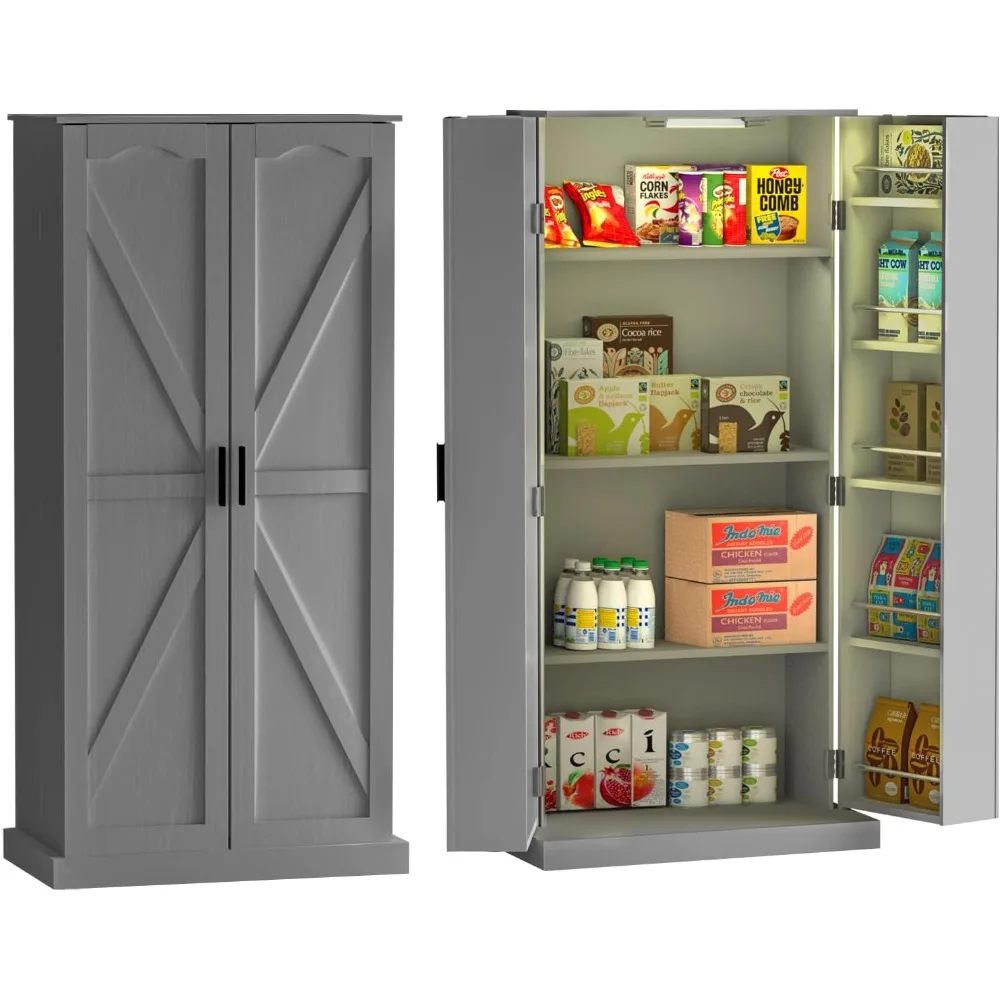 

Cabinets50LED Kitchen PantryCabinetFarmhouseStorageCabinet Wood Food Pantry with Barn Doors and Adjustable Shelves Freestanding