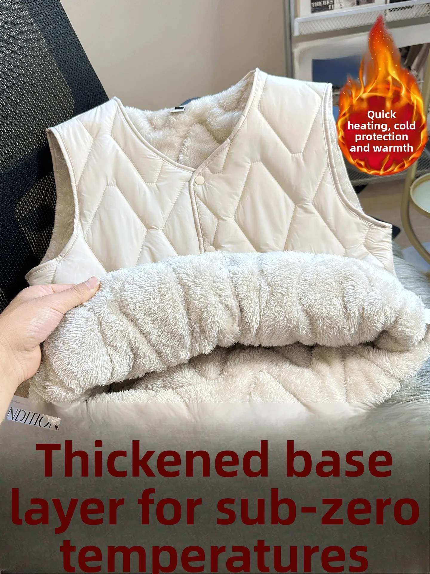 

Thiened Velvet down Cotton Women's Vest Warm Belly Lamb Velvet Nurse Jaet V-ne ort Sle Strong Heating Index