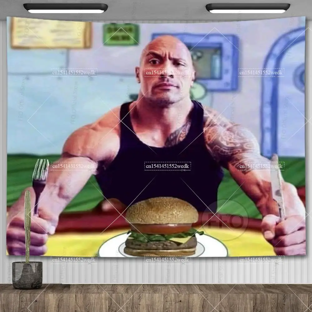 The Rock Johnson Eating Blueberry Pancakes Wall Hanging Tapestry Kawaii Room Decor Meme Tapestry Bedroom Decoration Aesthetic