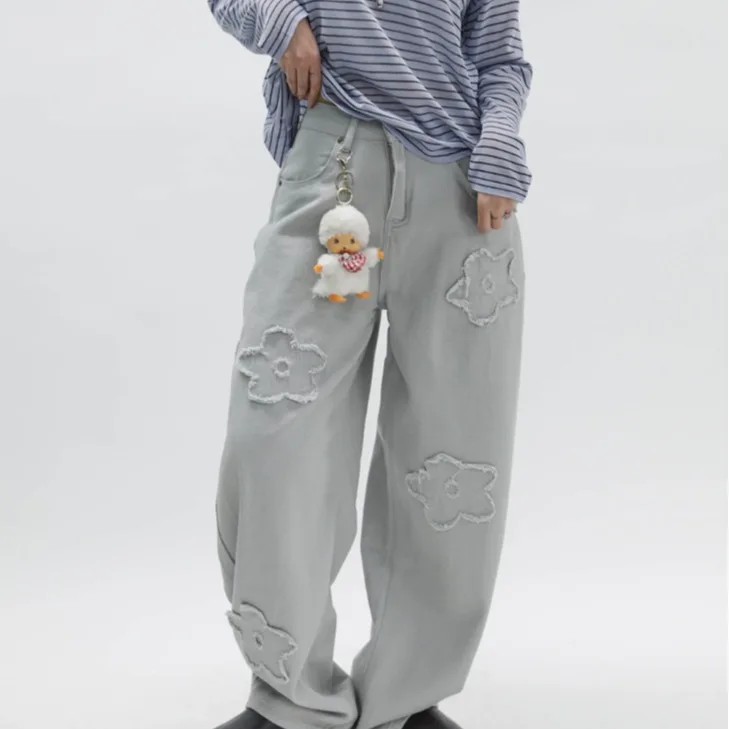 

Casual High Waist Embroidered Frayed Flower Shape Long Pants Women's Korean Style Summer New Chic Cool Trendy Cotton Jeans