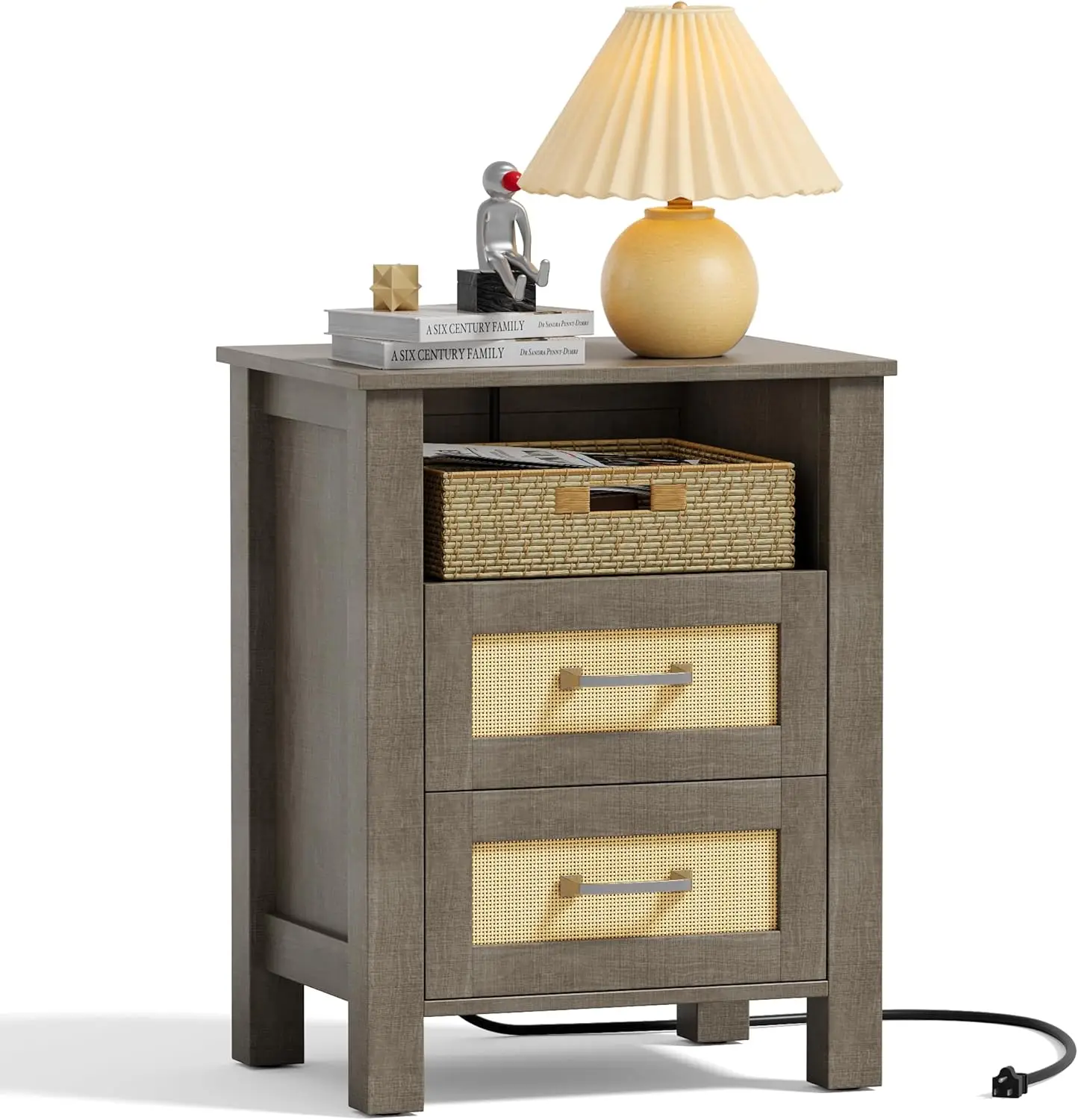 

26.18" End Table with Charging Station and Rattan Drawers, Farmhouse Nighstand, Wooden Storage Bedside Table, Living Room, Be