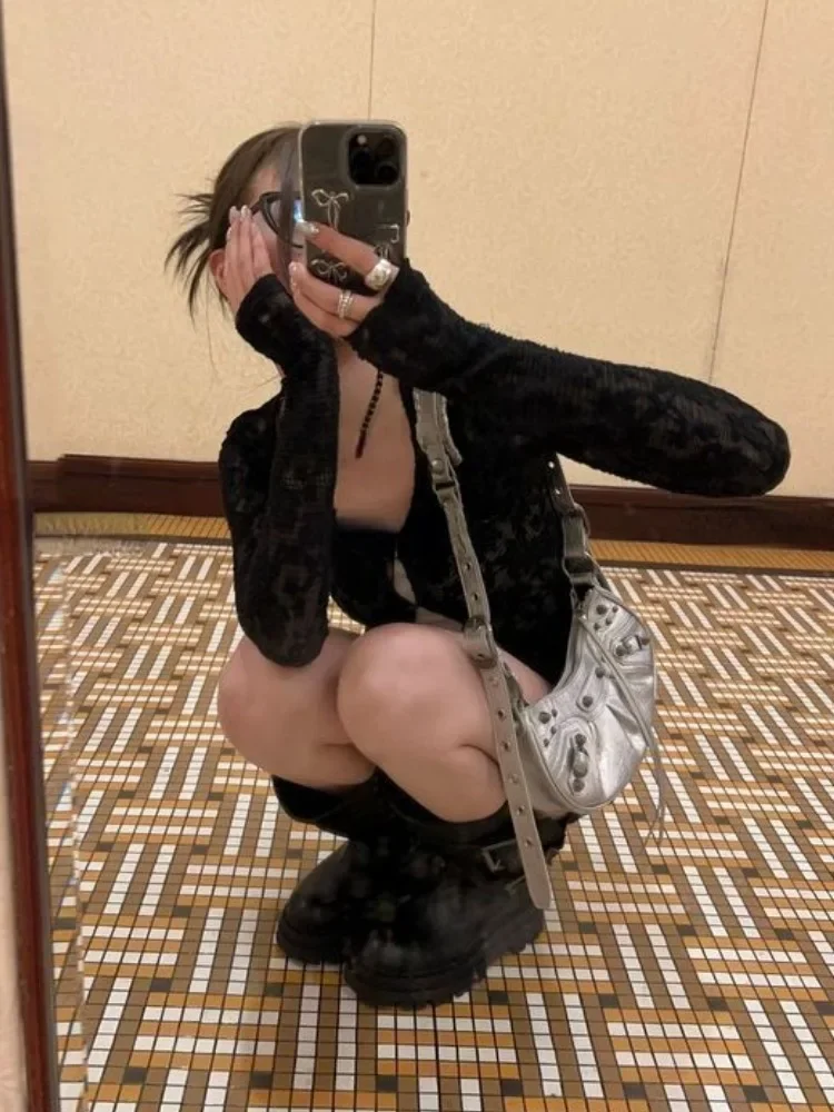 Y2K 레이스 자카드 카디건 세트 여성 하라주쿠 빈티지 싱글 브레스트 슬림 탑 일본 그런지 패션 풀 Femme Mujer