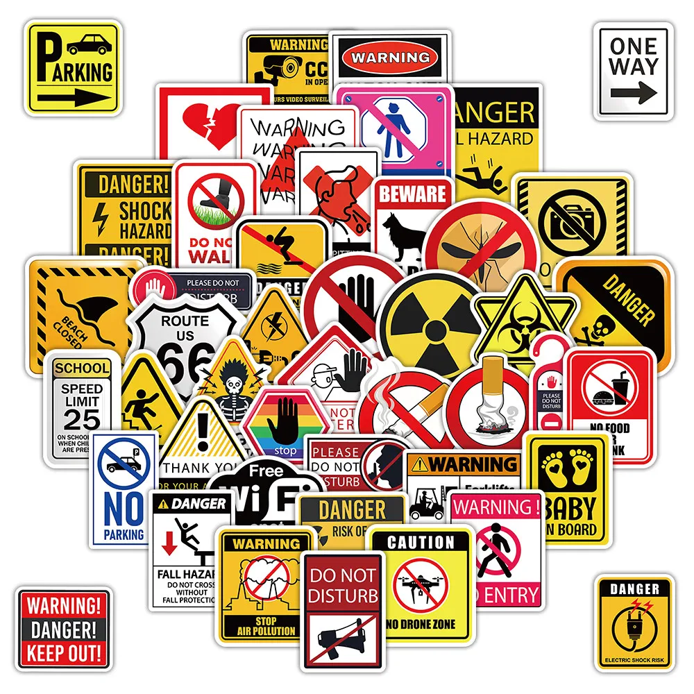 50Pcs Warning Sign Stickers Safety Alert Graphic Decals for Daily Decor Papery Pop Store