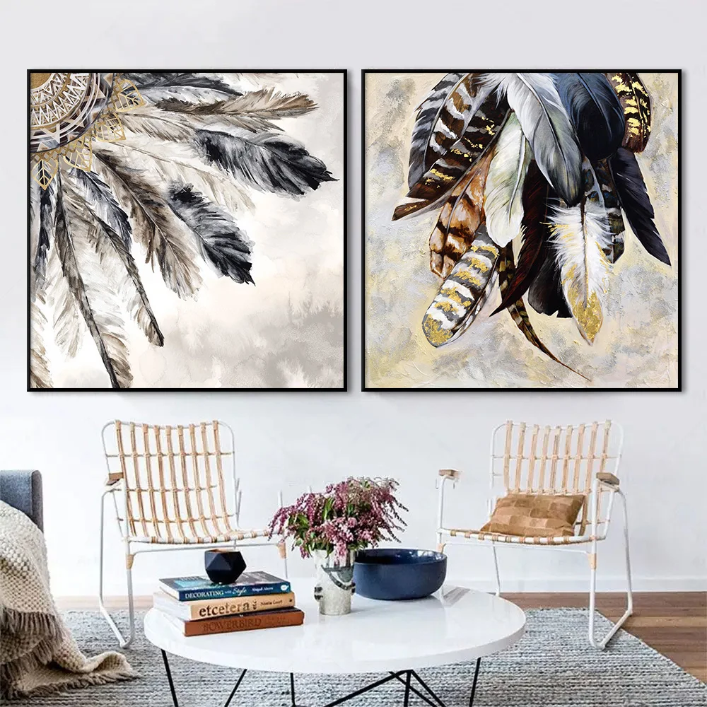 

Black Gold Brown Cascade Feathers Painting Print Abstract Wall Art Canvas Poster Living Room Home Decor Square Pictures Cuadros