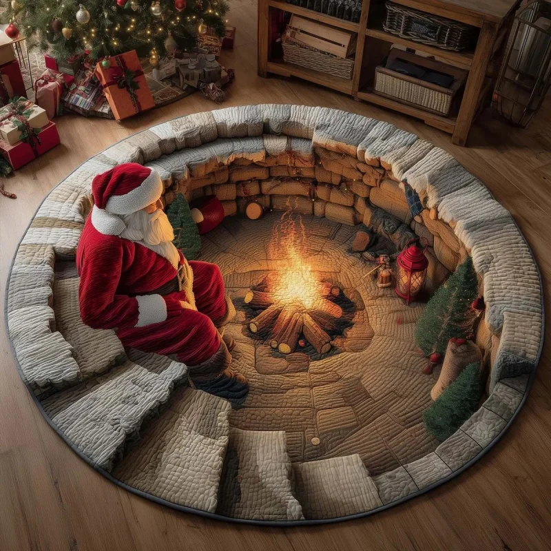 VIKAMA 2027 3D Christmas Santa Circular Rug Soft Anti-Slip Floor Mat for Living Room and Bedroom Entry Door Mat Home Decoration