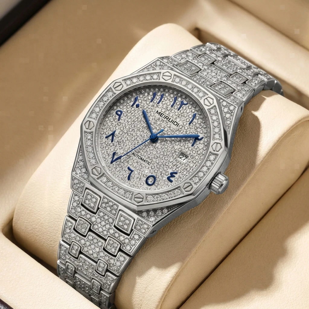 1pcs Polygon Case Watch Blue Needle Calendar Automatic Mechanical Style Shiny Versatile Fashion Wristwatch