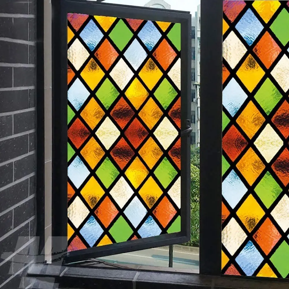 Not Transparent Privacy Window Film Vinyl No Glue Static Cling Color Rhombus Stained Frosted Glass Decorative Window Tint