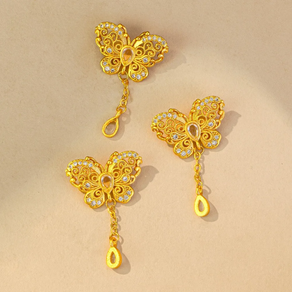 Tassel flower silk inlay diamond butterfly pendant female sweet senior sense hollow necklace 9999gold