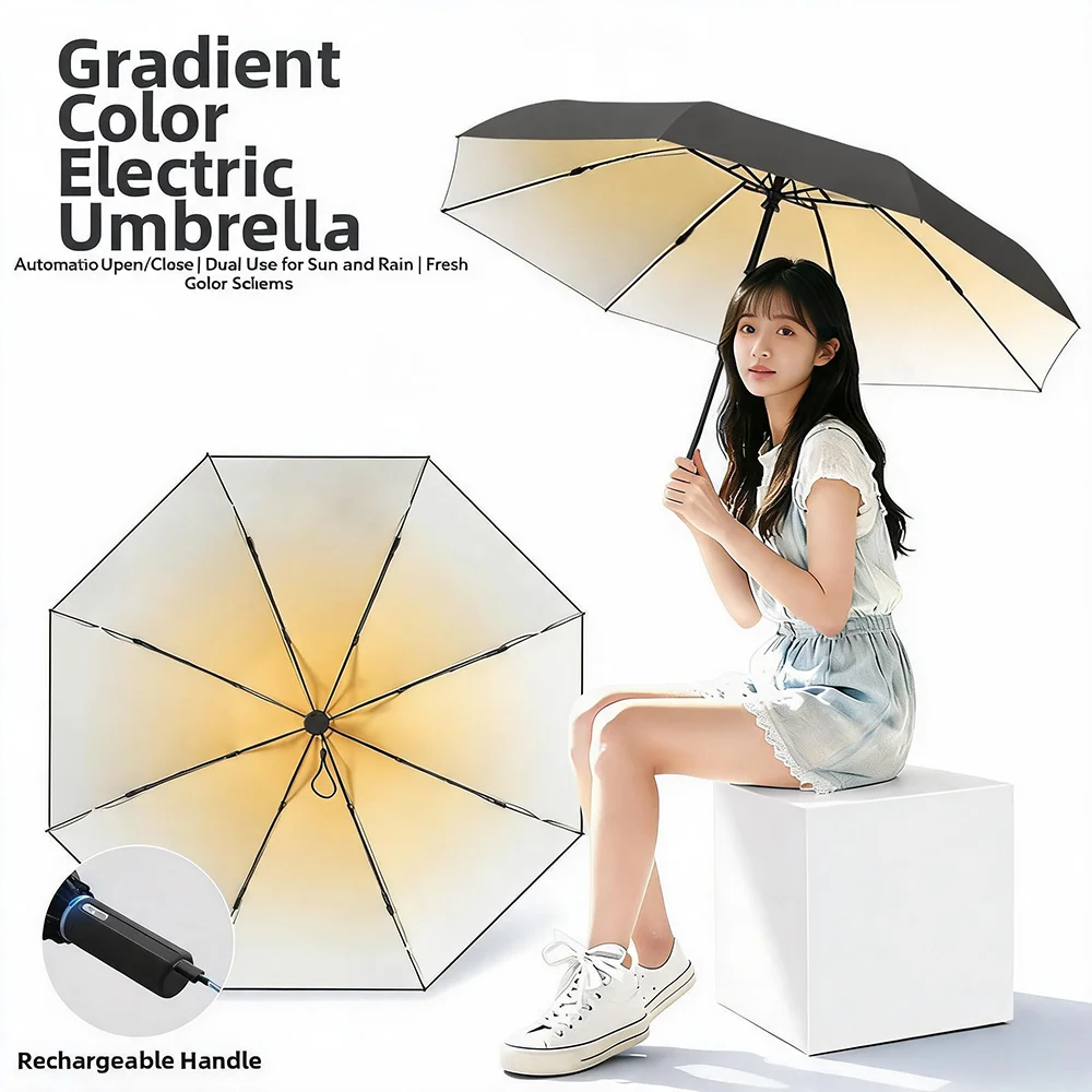 

8 Bone Electric umbrella Black Glue Three Fold Umbrella Wind-resistant Umbrella Anti-UV Sunscreen Folding Umbrella