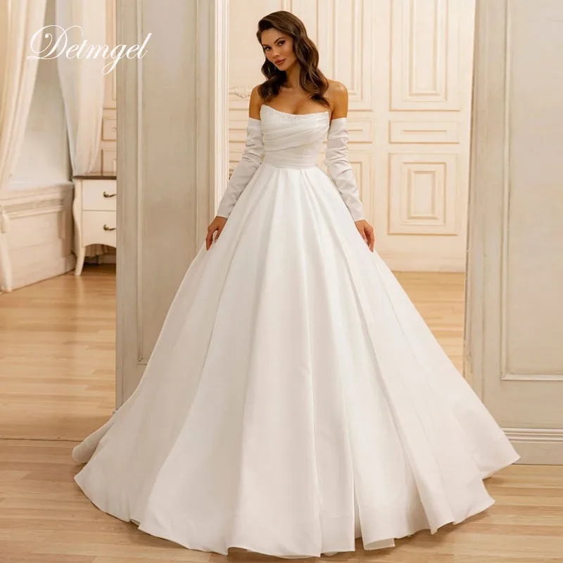 

Detmgel New Simple Strapless Ball Gown Wedding Dress Pleat Detachable Sleeves Satin Court Train vestidos de novia Customized