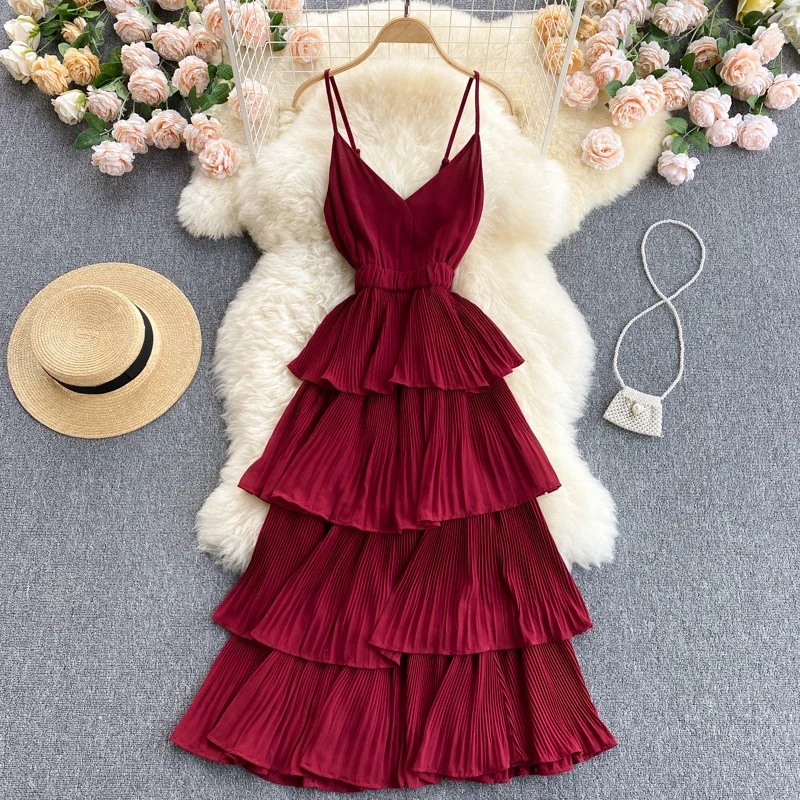 

Sexy V-neck Spaghetti Strap Sleeveless Long Dress Women Summer High Waist Backless Cascading Ruffles Beach Pleated Maxi Dress