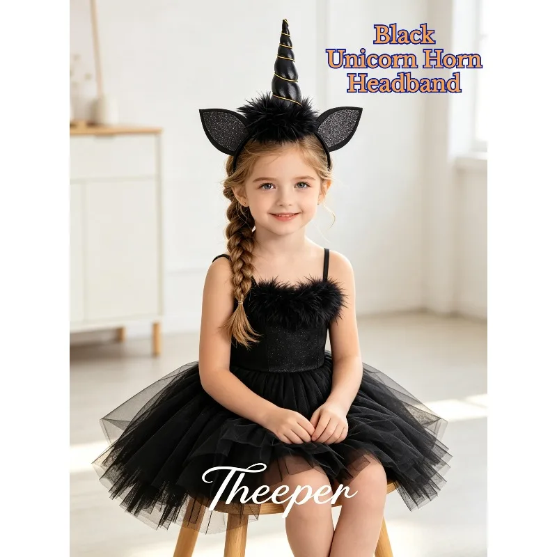 Black Unicorn Horn Headband with Feather Decor Gothic Unicorn Headwear Halloween Cosplay Costume Decoration Festival Accessory