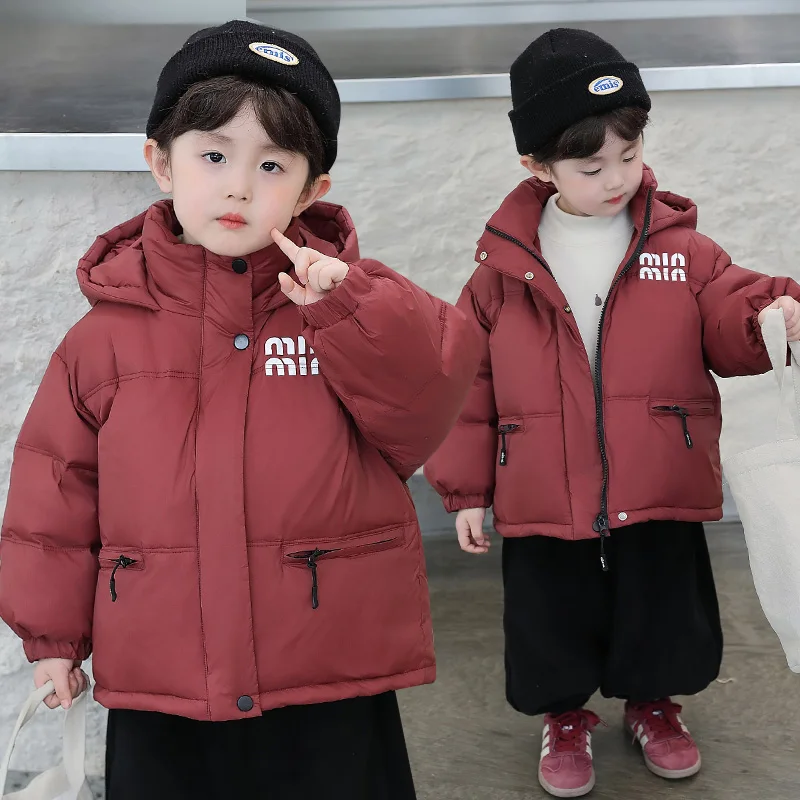 

Trendy Thi Letter Print ort Cotton Jaet Warm Winter Coat for Boys with Hood Polyester Fiber Fill Youth Faion Sle