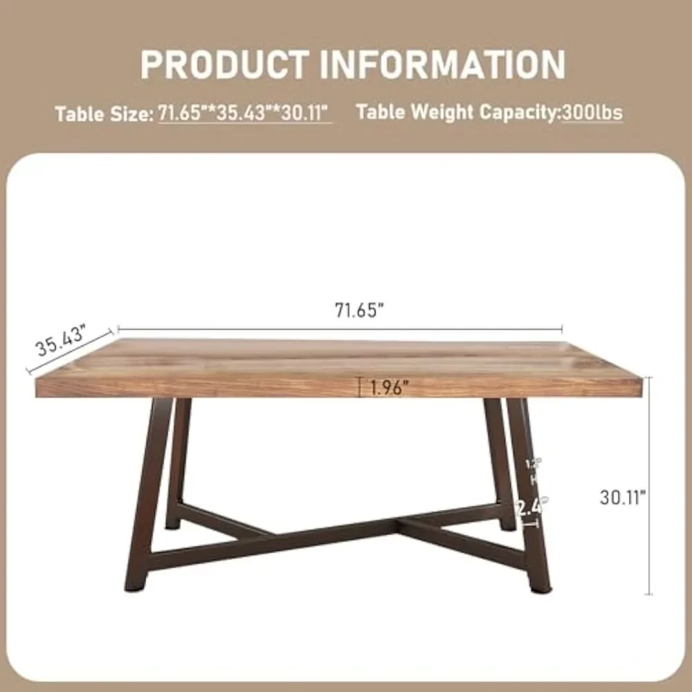 72 inch Solid Wood Dining Table for 4 5 6 People, with Adjustable Metal Leg for Home Living Dining Room Farmhouse Office Family