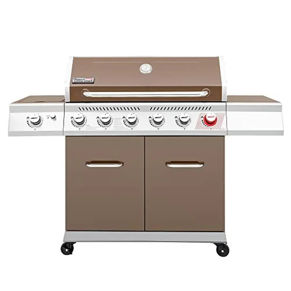 6-Burner Gas Grill Sear Side Burner BBQ 74,000 BTUs Outdoor Barbecue Enclosed Cabinet Built-In Thermometer Locking Caster