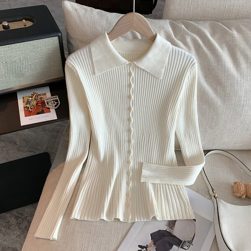سيولش أنيقة واحدة الصدر بولو طوق المرأة سترة مشغولة من الصوف كم طويل البلوزات غير رسمية سليم الأعلى الإناث 2025 جديد
