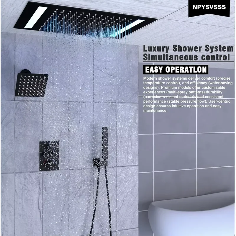 Dual Rain Shower Head System Faucet Set Ceiling Mount LED Wall Heads Handheld Shower Valve 1 Handle Flow Control Matte view 2