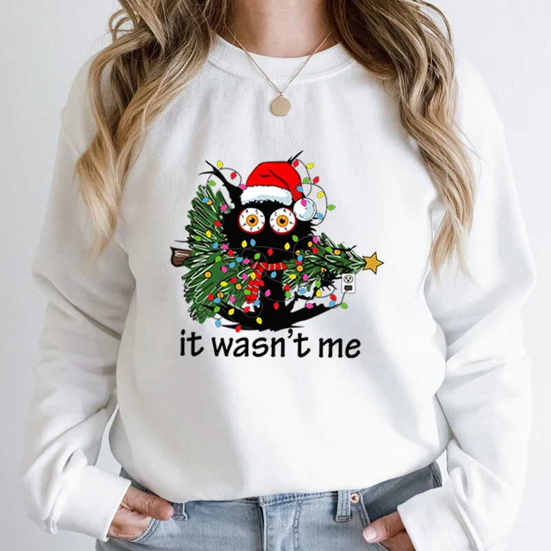 Christmas Tree Cat It Wasn\'t Me Print Pullovers Round Neck Tops Women Hoodless Sweatshirts Long-sleeved Autumn Winter Sweatshirt