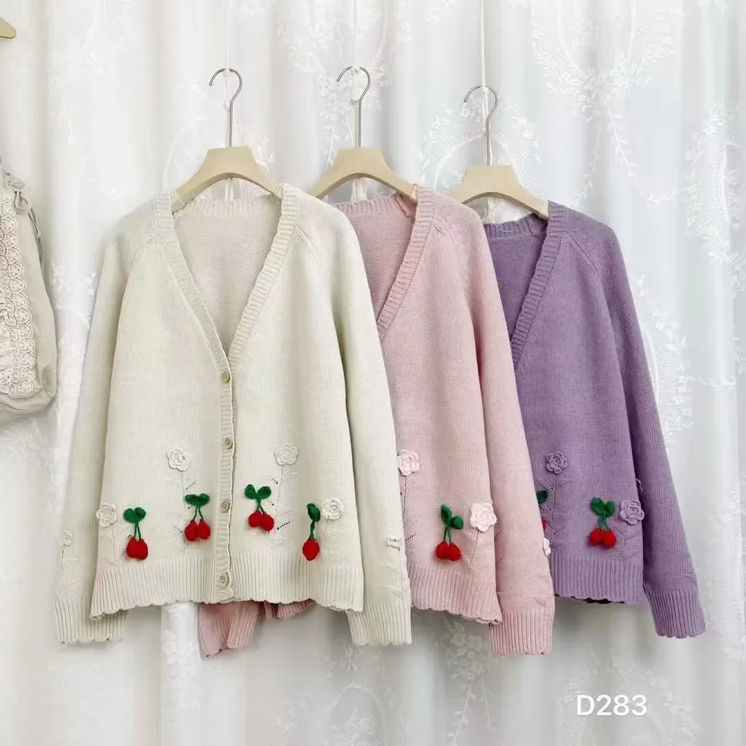 Spring Autumn New Japanese Sweet Mori Girl V Neck Sweater Cardigan Women Long Sleeve Cute Cherry Single Breasted Sweater Tops