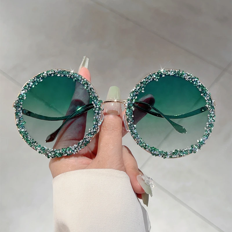 KAMMPT Trendy Retro Crystal Shiny Round Shades Women Ins Brand Design Sunglasses New Fashion Driving Anti UV Sun Glasses
