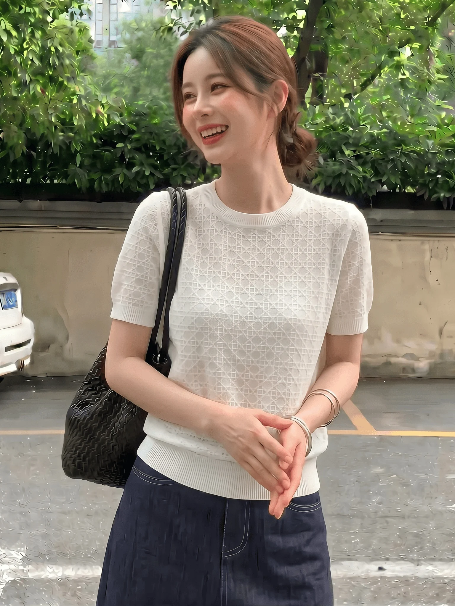 Slim Fit Knitted Short Sleeve T-Shirt Women's Summer New Style Korean Version Breathable Light Weight plus Size Office Wear