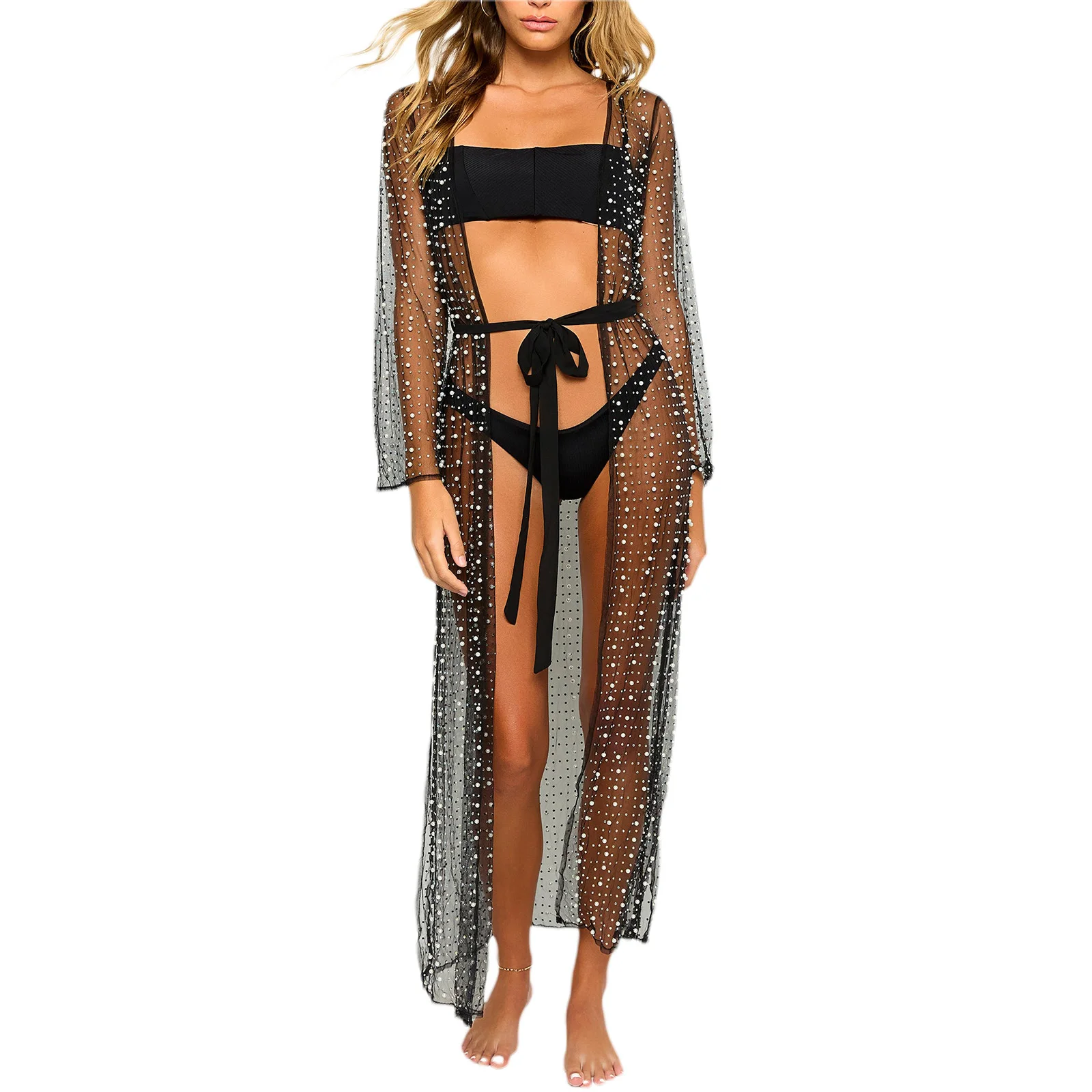 Summer Women's Sunscreen Shawl Long Sleeve See Through Mesh Pearls Beach Pool Long Cover-Ups Swimwears