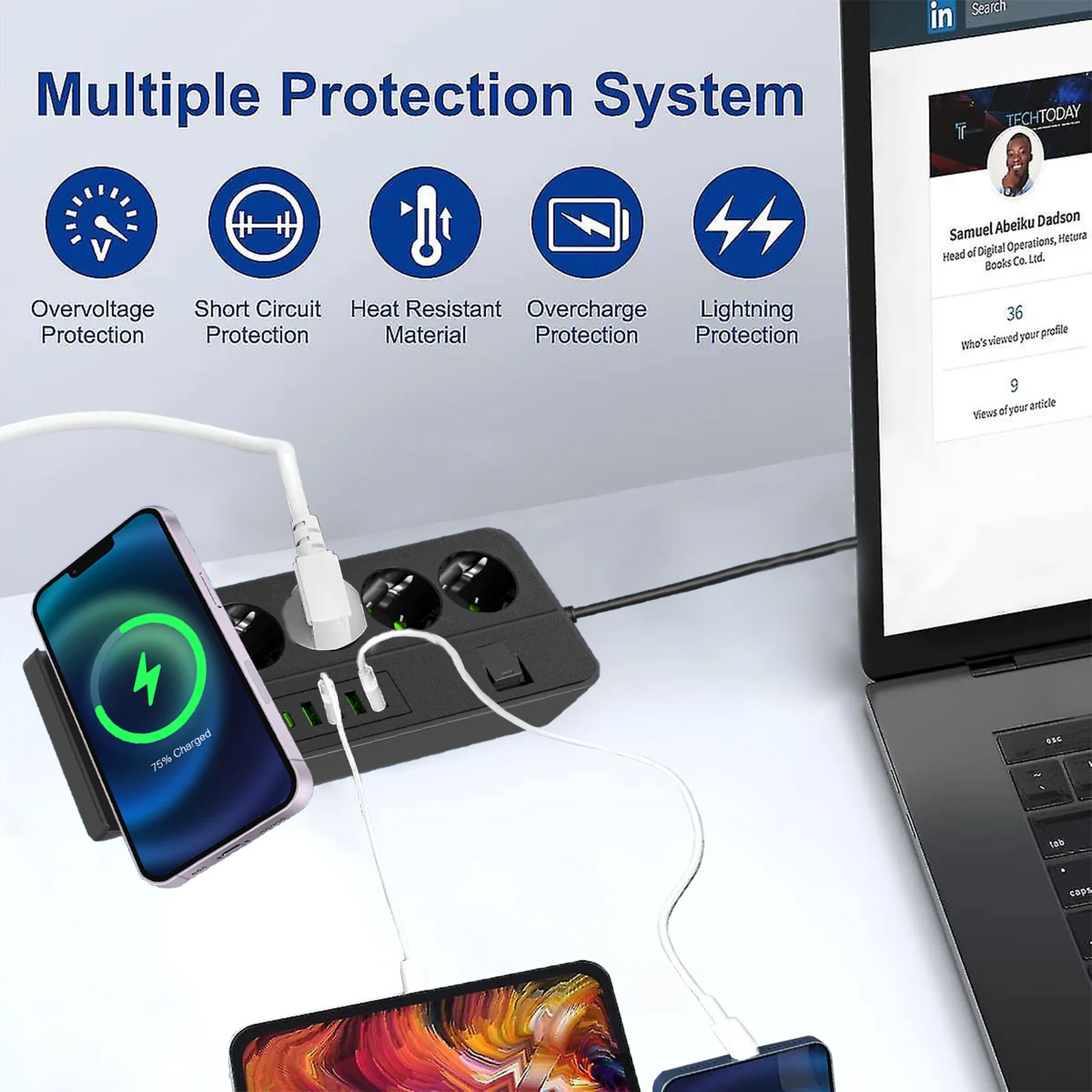 สายไฟ3000วัตต์ตัวกรองเน็ตเวิร์คสายไฟต่อ2เมตร4พอร์ตพร้อม USB 4พอร์ตและ Type-C 2พอร์ตตัวป้องกันชาร์จไร้สายไฟกระชาก