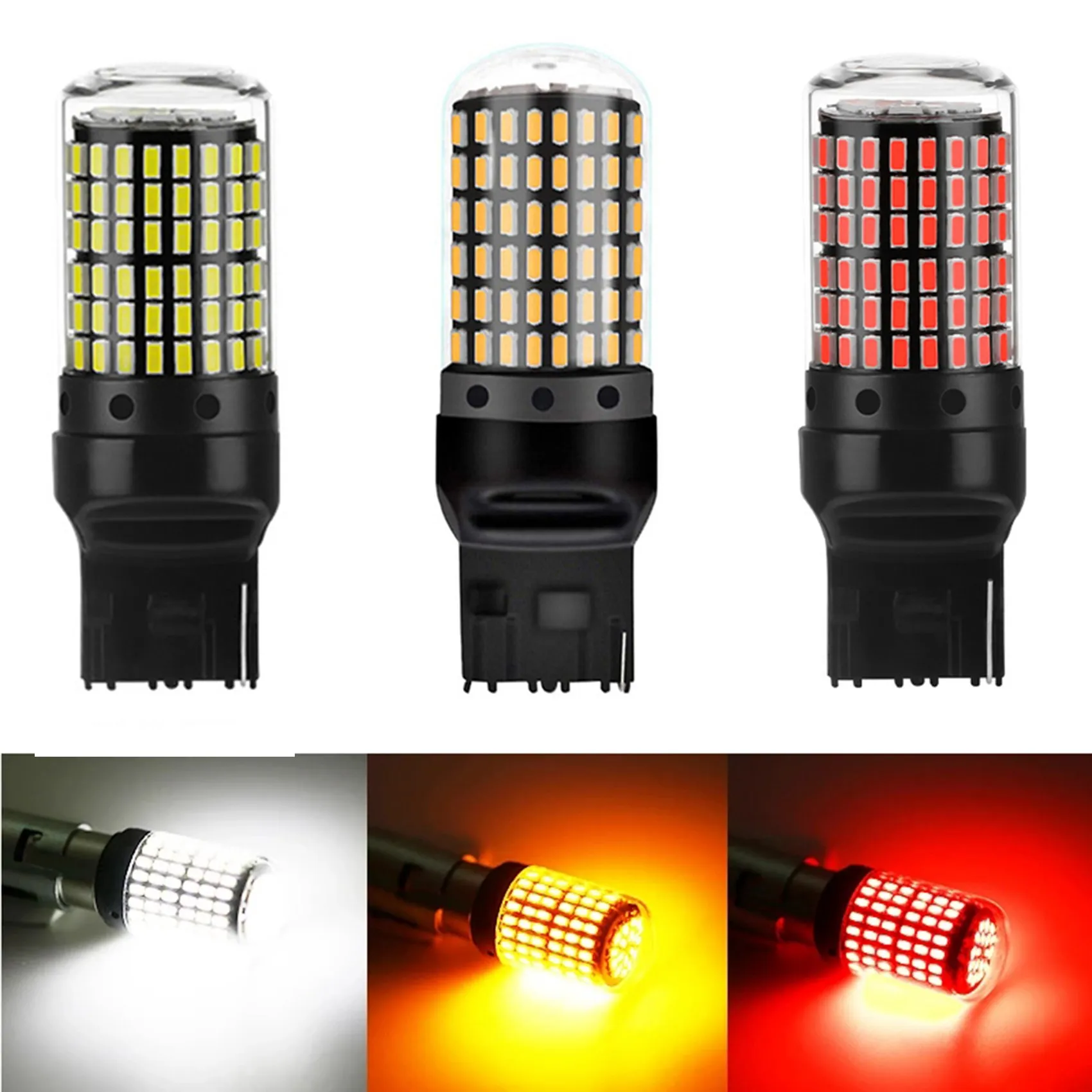 Bombillas LED para intermitentes, lámpara de freno de estacionamiento, luces de marcha atrás, color amarillo, Canbus T20 3014 W21W, 7440 144Smd, 2 unidades