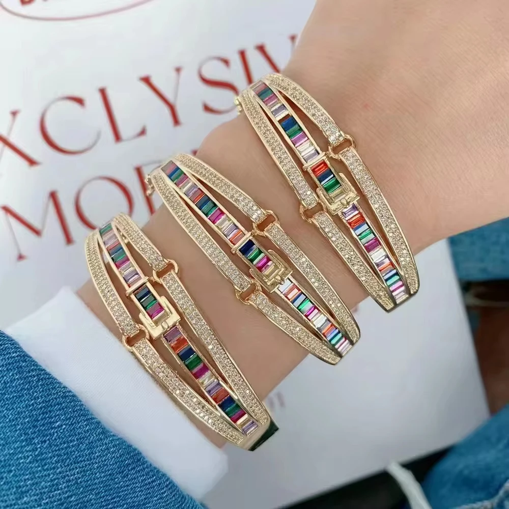

Classic Micro Full Colorful Cubic Zircon Three Layer Gold Plated Cuff Bracelet Bangle Jewerly Gift