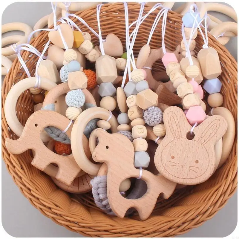 Q22D 4 PCs Baby Fitnessrahmen Anhänger Fitness Rack Kinderwagen Krippe Rasseln Holzringperlen Teether Hanging Mobile Bett