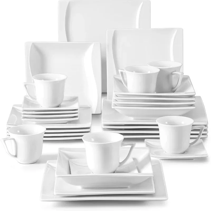 Dinnerware Sets, 30-Piece Marble Plates and Bowls Sets for 6, Porcelain Square Dish Set with Dinner Plate, Dessert