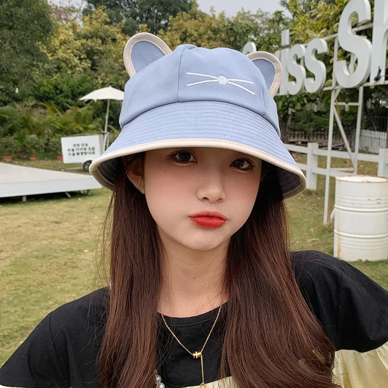 New Bucket Hats for Women Fashion Cute Cat Ears Spring Summer Fishman Hat Girls Travel Beach Panama Cap Casual Visor Sun Hat